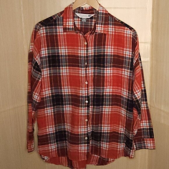 Old Navy Boyfriend Red White Blue Cotton Button Down XL - Picture 1 of 5